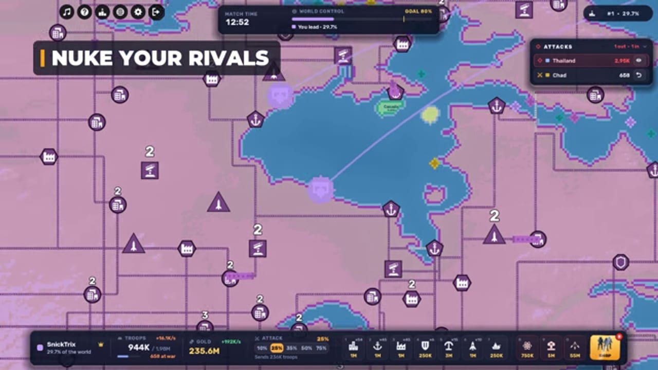 RoWorld nuclear strike aimed across the sea, the orange nuke button lit in the bottom right, army and port markers all over the map and the Attacks panel listing Thailand and Chad
