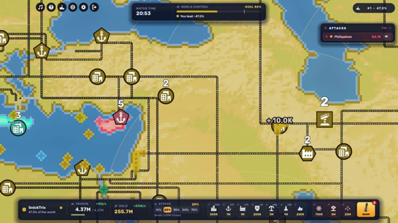 Close-up of the RoWorld map showing city buildings, port icons and numbered structures inside SnickTrix territory, with the gold-priced build buttons below