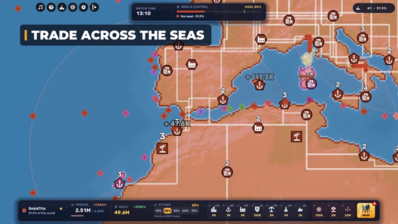 RoWorld gameplay screenshot of the Mediterranean map showing cities, ports and army markers