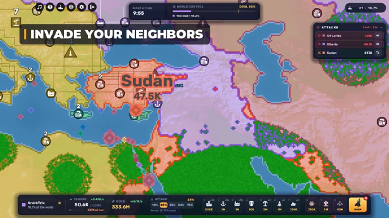 RoWorld HUD over a zoomed-in map of Sudan, showing SnickTrix with 50.6K troops, 333.6M gold, the 28 percent attack ratio and the build buttons along the bottom