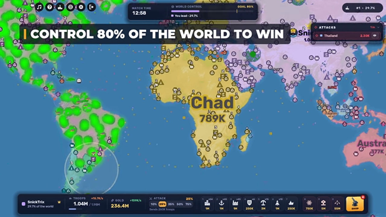 RoWorld world map screenshot showing national territory control and the 80 percent win condition