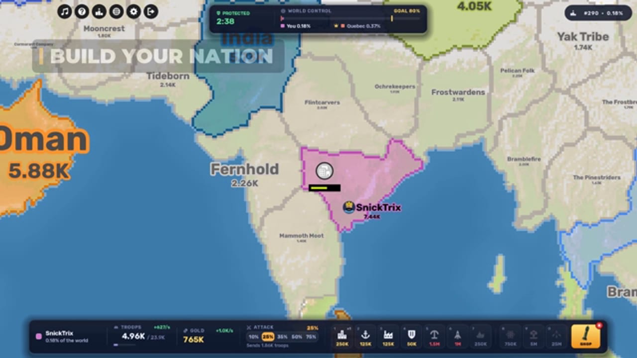 RoWorld world map with the player nation SnickTrix in pink next to Fernhold, the Yakk Tribe and the Frostwardens to the north, and the build bar along the bottom