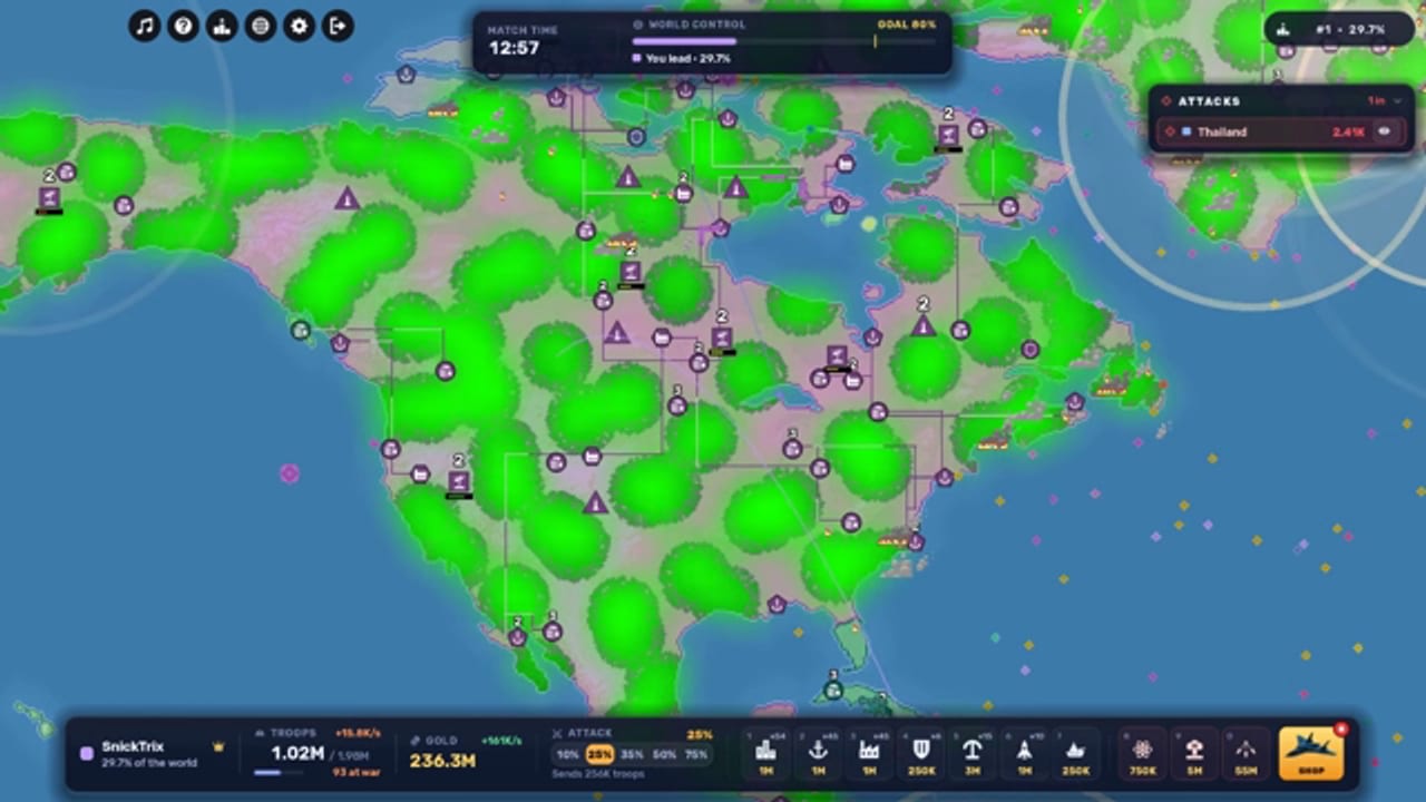 RoWorld world control view with North America flooded green under your control, the WORLD CONTROL bar reading 29.7 percent against the 80 percent goal